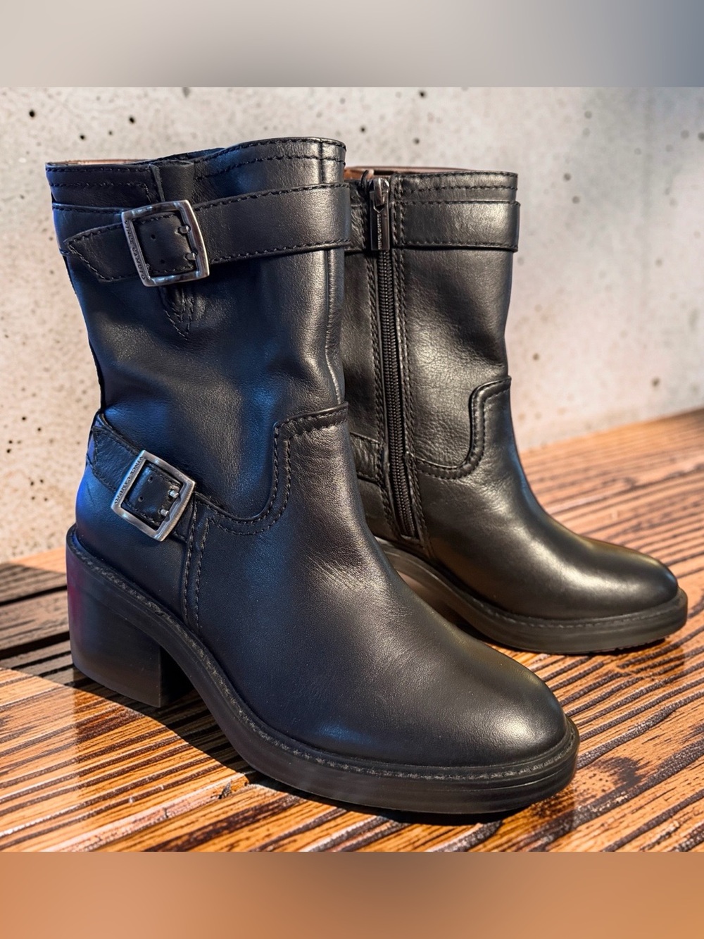 Vince Camuto NWT Sz 6M Black Leather Stacked Heel Faux Buckles Ankle Boots (464)